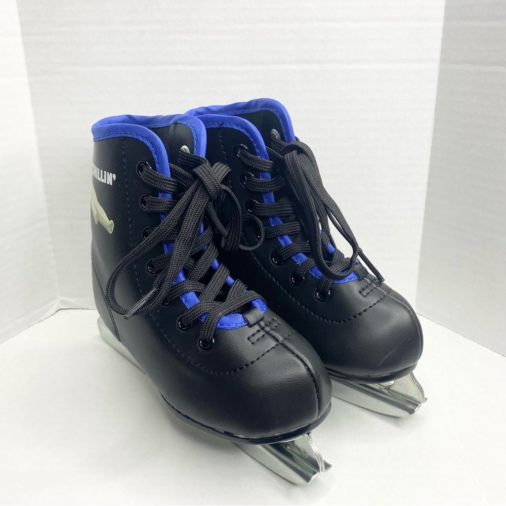 American Athletic Youth Boys Size 8 Chillin Double Runner Ice Skates Black Blue - Picture 2 of 13